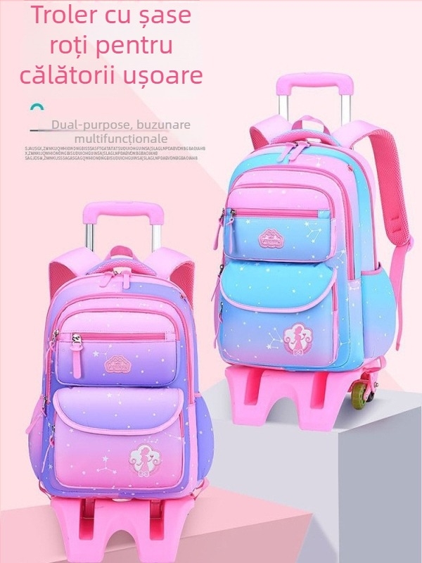 Rucsac școlar rulant pentru fete, cu mâner telescopic, pentru elevi din clasele 3-6, capacitate mare