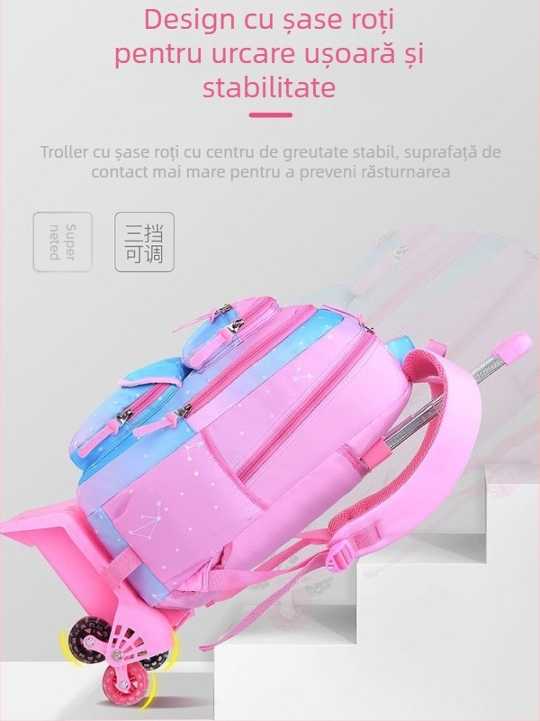 Rucsac școlar rulant pentru fete, cu mâner telescopic, pentru elevi din clasele 3-6, capacitate mare