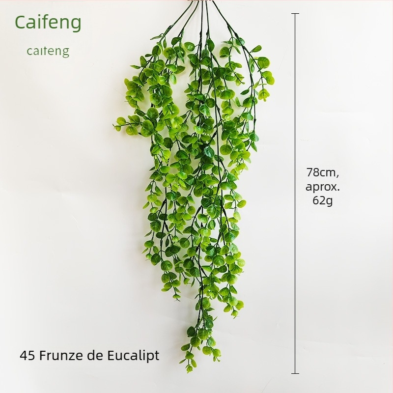 Decor de perete artificial cu eucalipt, textură de ratan, frunze verzi din plastic, pentru casă și exterior, 30-100 cm