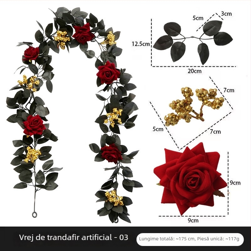 Trandafir artificial pentru decorul de Halloween, interior, cu ratan negru, pentru agățat