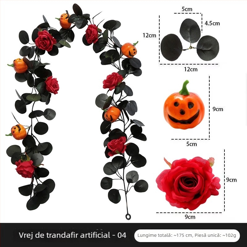 Trandafir artificial pentru decorul de Halloween, interior, cu ratan negru, pentru agățat