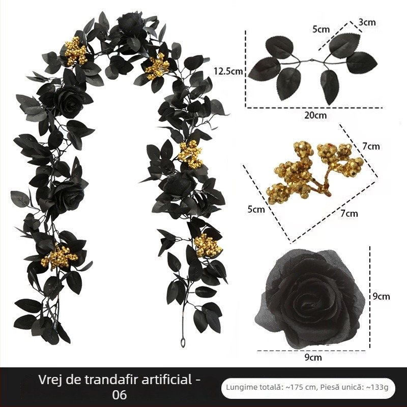 Trandafir artificial pentru decorul de Halloween, interior, cu ratan negru, pentru agățat