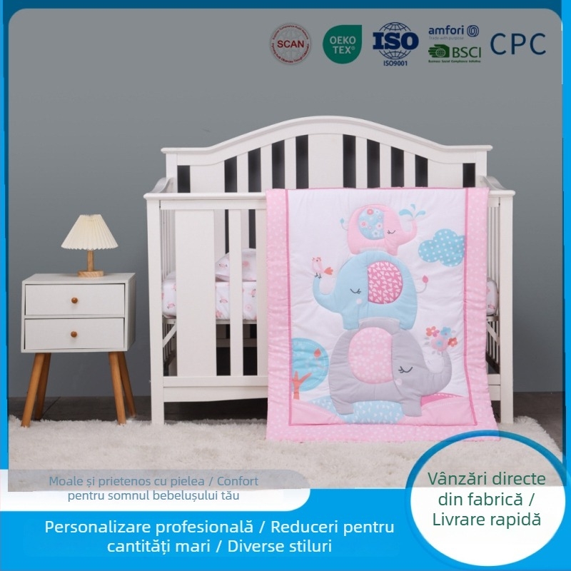 Set de lenjerie pentru copii, 3 piese: pilotă, cearșaf elastic, fustă de pat — stil desen animat drăguț, toate anotimpurile