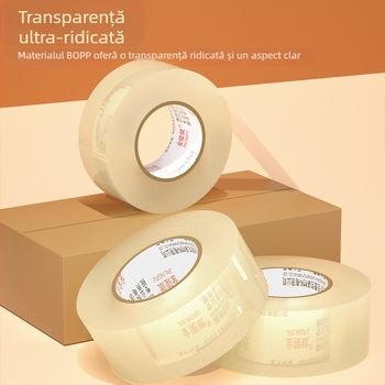 Bandă de ambalare transparentă, cu aderență ridicată, lată, pe un tambur mare pentru etanșare puternică