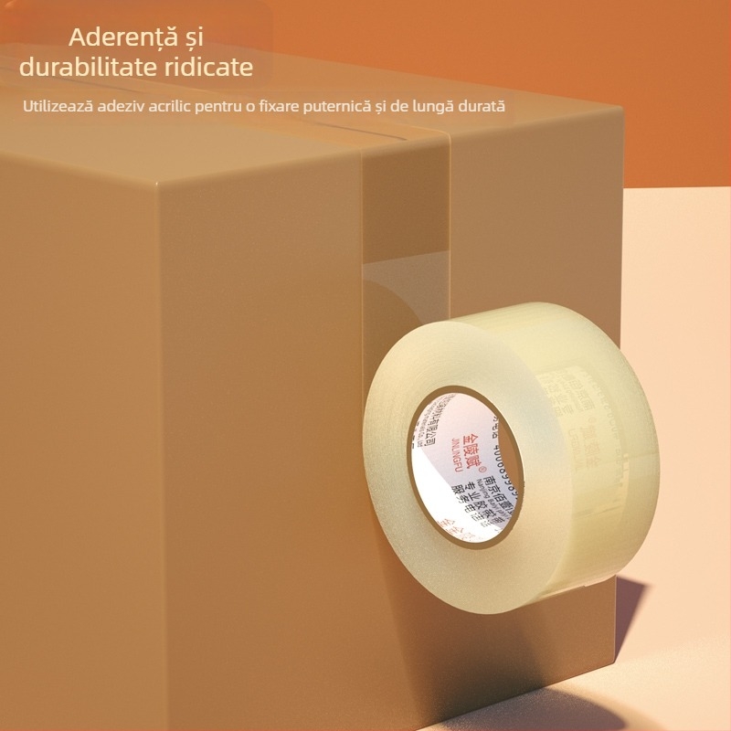 Bandă de ambalare transparentă, cu aderență ridicată, lată, pe un tambur mare pentru etanșare puternică