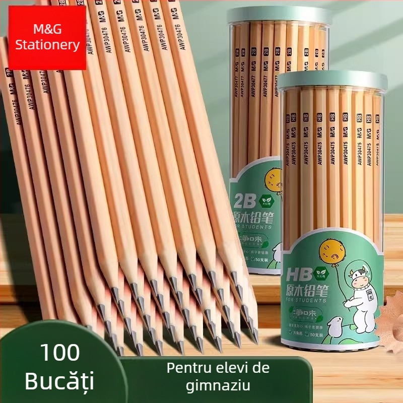 MG Creioane HB pentru elevi, lemn natural, 2B pentru scris și colorat, corp hexagonal triunghiular pentru exersarea scrisului