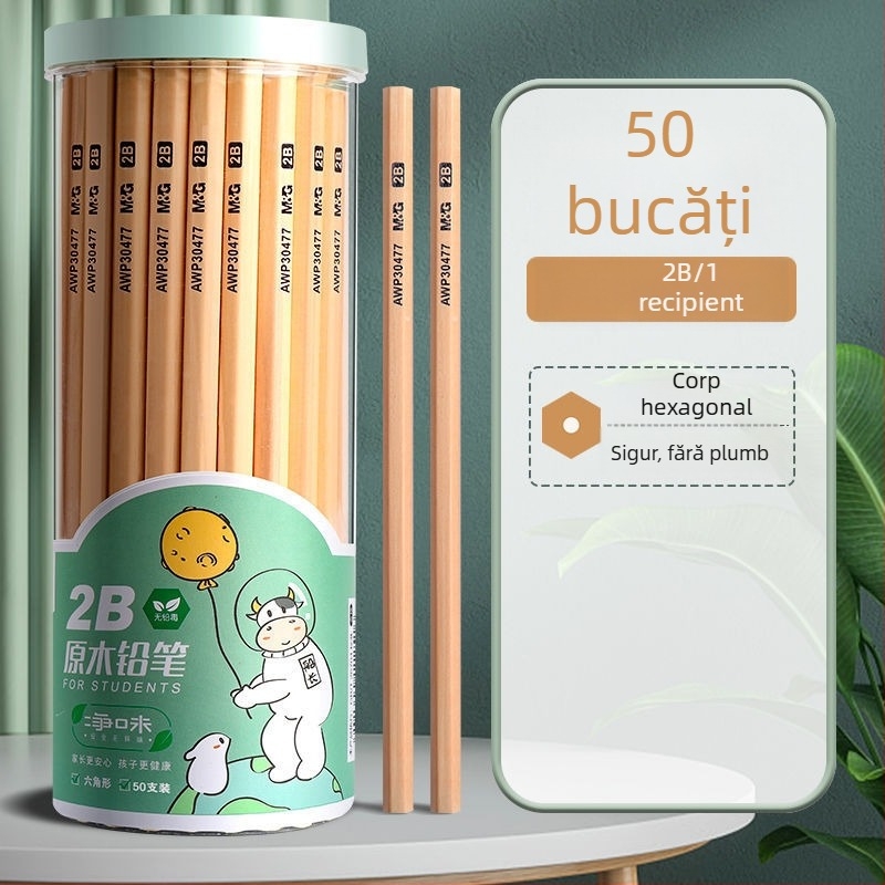 MG Creioane HB pentru elevi, lemn natural, 2B pentru scris și colorat, corp hexagonal triunghiular pentru exersarea scrisului