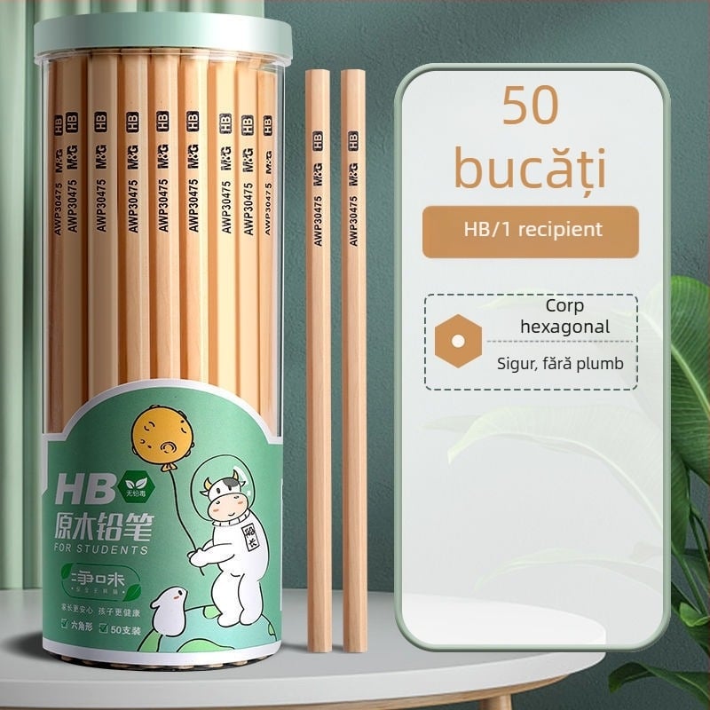 MG Creioane HB pentru elevi, lemn natural, 2B pentru scris și colorat, corp hexagonal triunghiular pentru exersarea scrisului