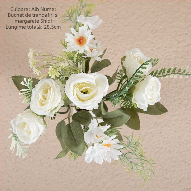 Buchet din trandafiri de mătase și margarete – aranjament floral artificial pentru decorul mesei, al casei și al biroului