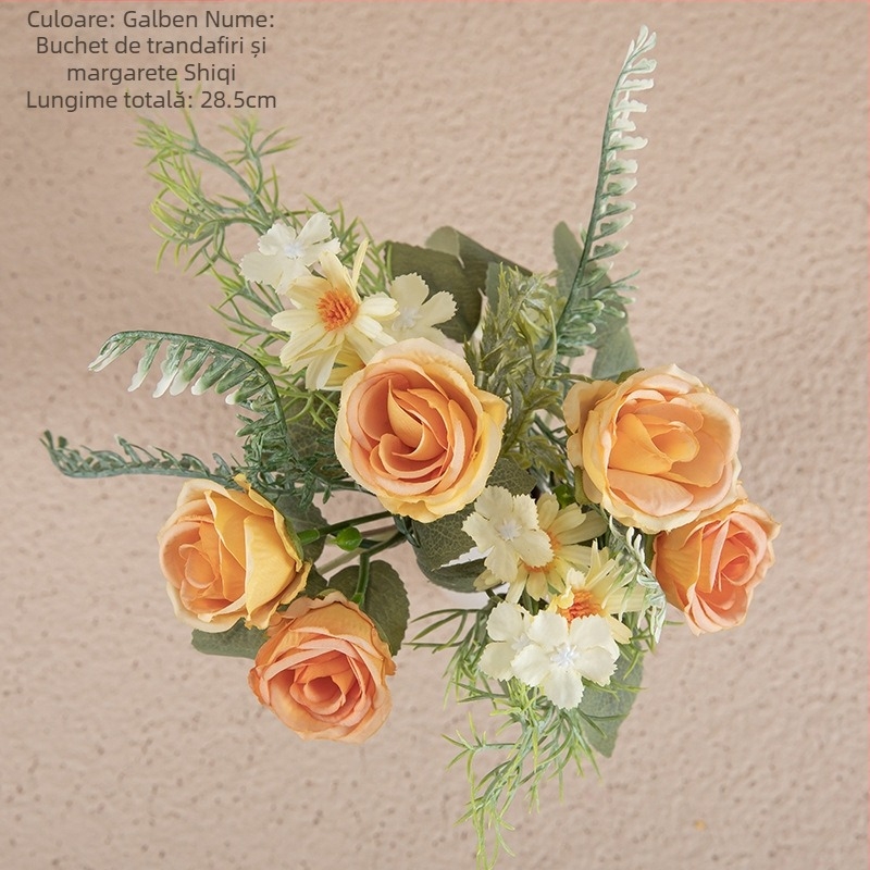 Buchet din trandafiri de mătase și margarete – aranjament floral artificial pentru decorul mesei, al casei și al biroului