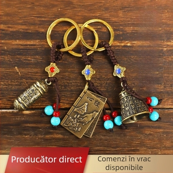Pandantiv de chei din cupru cu dovleac de cupru, monedele celor cinci împărați, oglindă Bagua, abac, roată de rugăciune și Sutra inimii