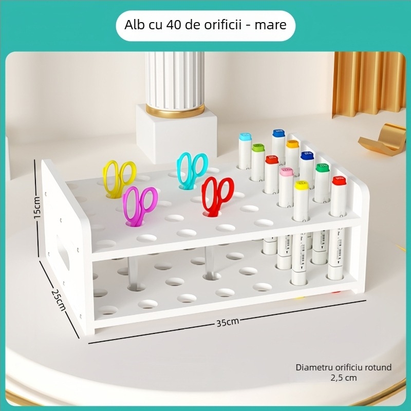 Organizator de birou cu compartimente multiple pentru obiecte mici, Pensetă pentru sprâncene, Foarfece, Pensule, Ruj — spațiu mare pentru articole de birou și pixuri.