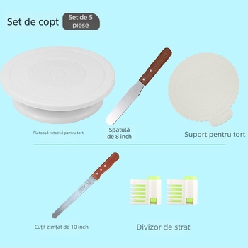 Set DIY pentru decorarea prăjiturilor cu platou rotativ, spatulă, cuțit pentru pâine, duze de decorare, pungi de decorare și covoraș de frământat aluat