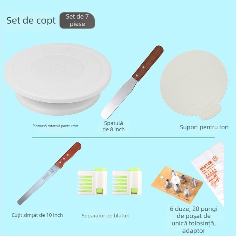 Set DIY pentru decorarea prăjiturilor cu platou rotativ, spatulă, cuțit pentru pâine, duze de decorare, pungi de decorare și covoraș de frământat aluat