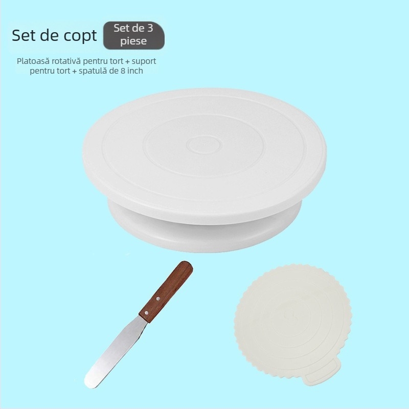 Set DIY pentru decorarea prăjiturilor cu platou rotativ, spatulă, cuțit pentru pâine, duze de decorare, pungi de decorare și covoraș de frământat aluat