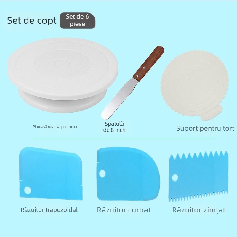 Set DIY pentru decorarea prăjiturilor cu platou rotativ, spatulă, cuțit pentru pâine, duze de decorare, pungi de decorare și covoraș de frământat aluat