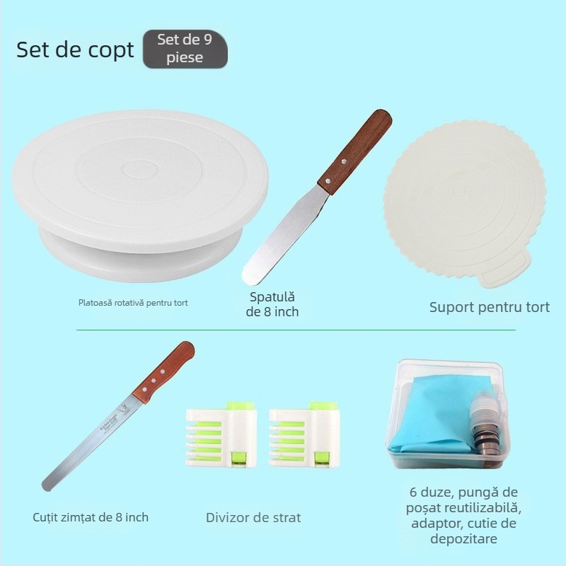 Set DIY pentru decorarea prăjiturilor cu platou rotativ, spatulă, cuțit pentru pâine, duze de decorare, pungi de decorare și covoraș de frământat aluat
