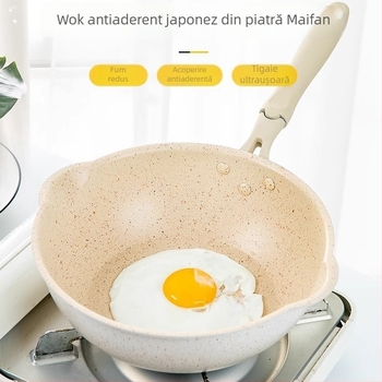 Wok antiaderent cu piatră Maifan, dimensiune mică, fond plat, pentru prăjit și sotat, potrivit pentru plită cu gaz și inducție