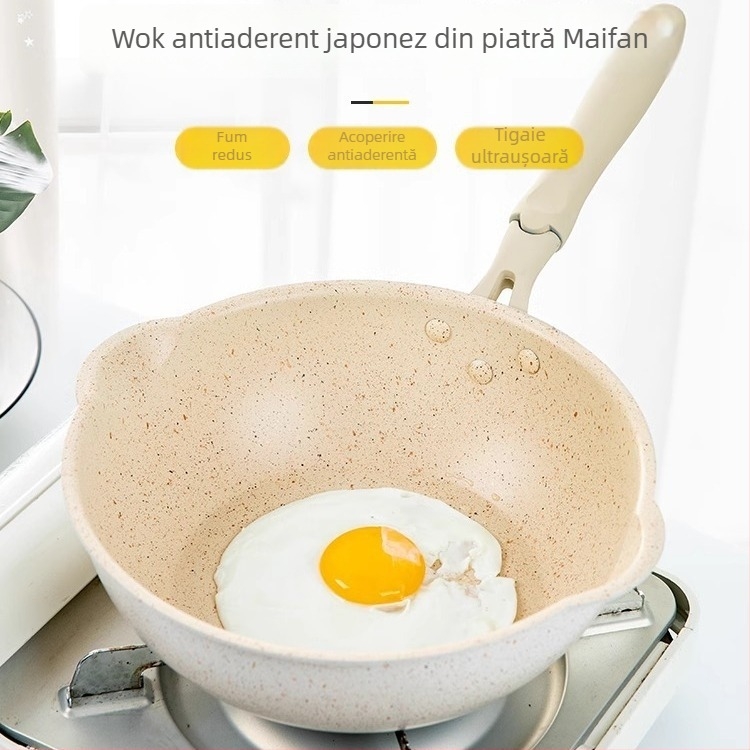 Wok antiaderent cu piatră Maifan, dimensiune mică, fond plat, pentru prăjit și sotat, potrivit pentru plită cu gaz și inducție