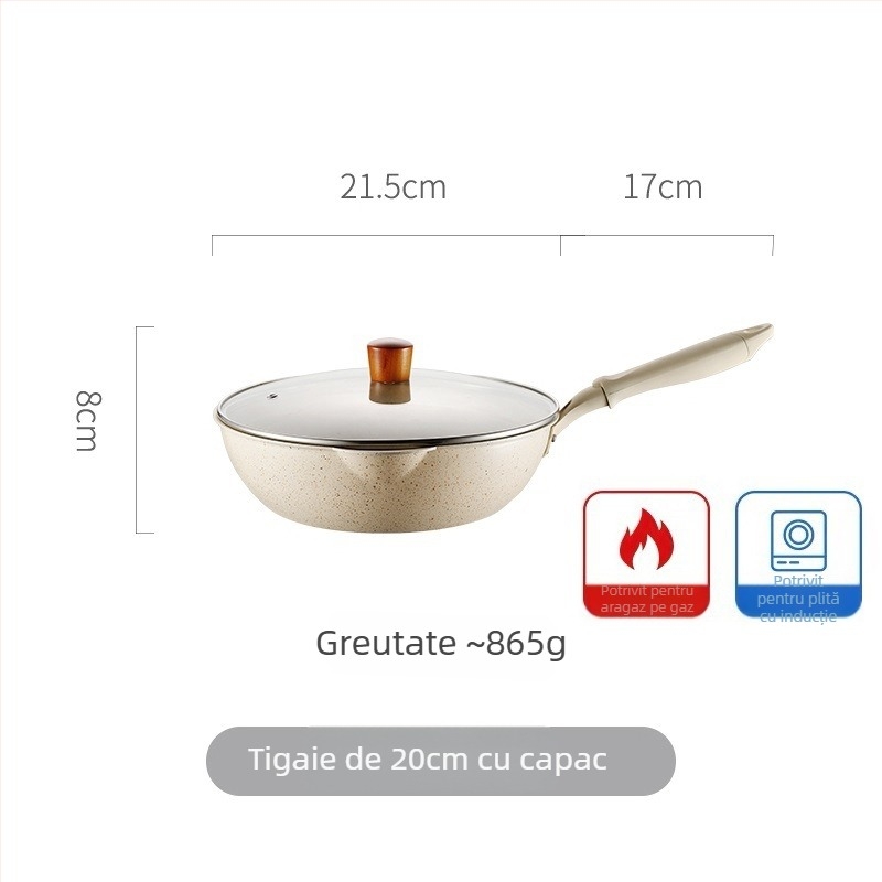 Wok antiaderent cu piatră Maifan, dimensiune mică, fond plat, pentru prăjit și sotat, potrivit pentru plită cu gaz și inducție