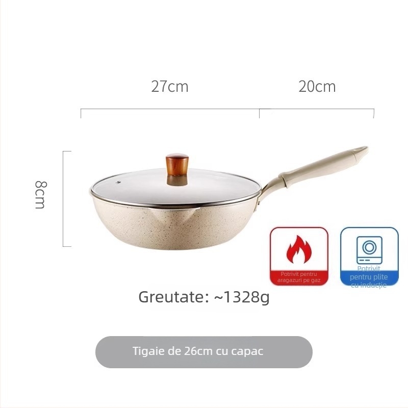 Wok antiaderent cu piatră Maifan, dimensiune mică, fond plat, pentru prăjit și sotat, potrivit pentru plită cu gaz și inducție