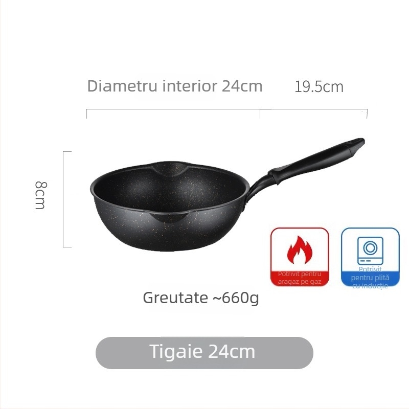 Wok antiaderent cu piatră Maifan, dimensiune mică, fond plat, pentru prăjit și sotat, potrivit pentru plită cu gaz și inducție