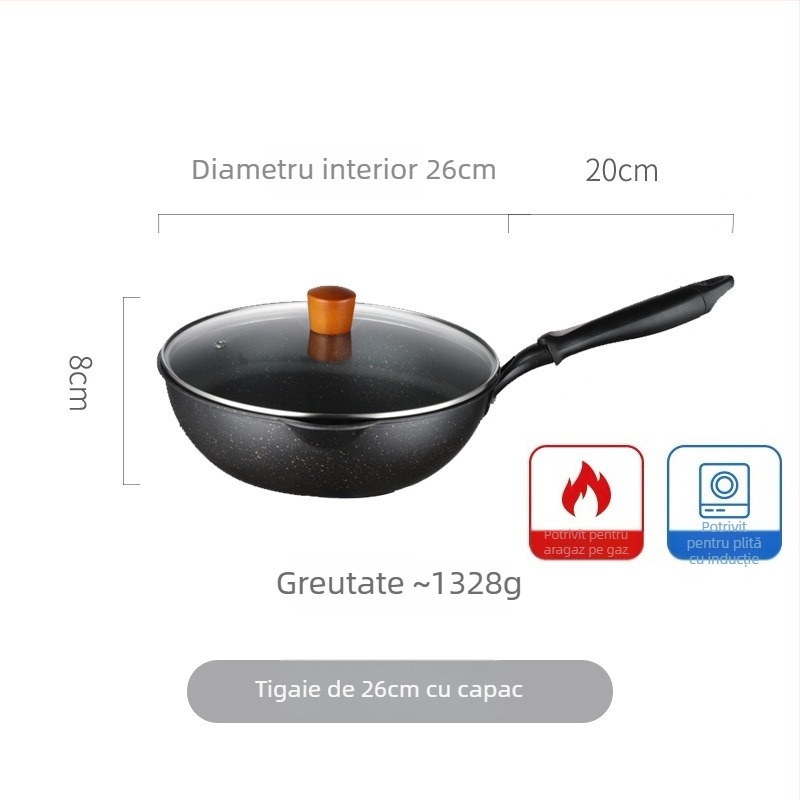 Wok antiaderent cu piatră Maifan, dimensiune mică, fond plat, pentru prăjit și sotat, potrivit pentru plită cu gaz și inducție