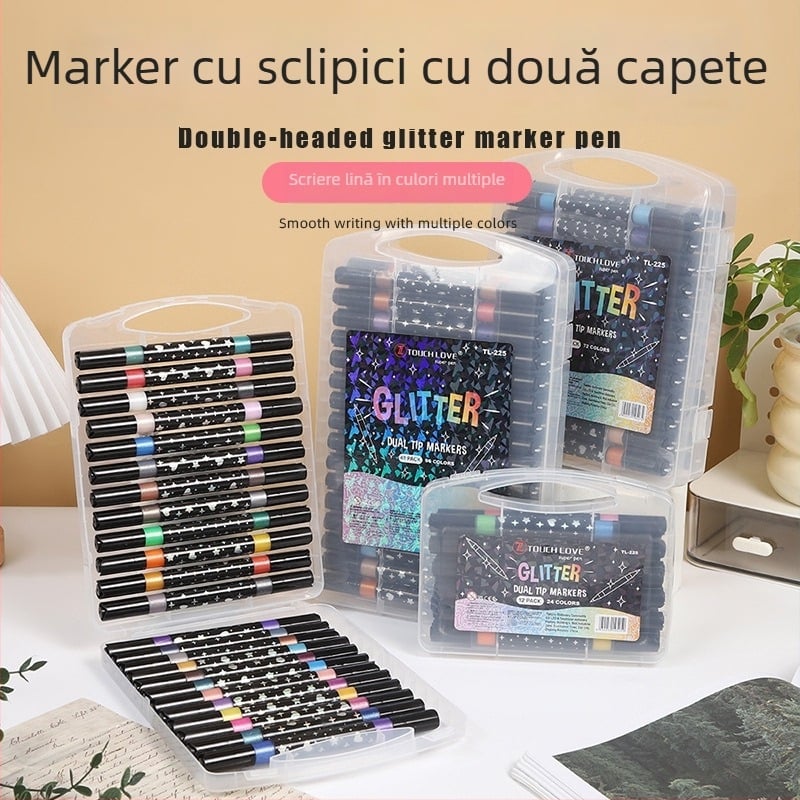 Marker cu două capete, sclipitor, vârf moale pentru acuarelă, destinat elevilor din învățământul primar, cu pulbere sclipitoare, marker de evidențiere