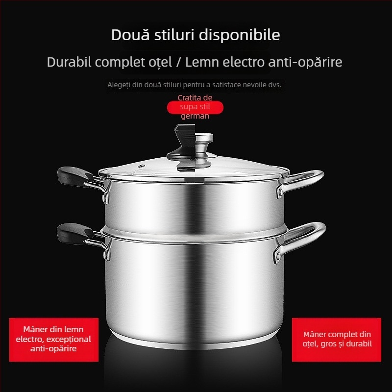 Oală de supă din oțel inoxidabil 304, pereți drepți, capac mare, înaltă pentru a preveni vărsarea, fund dublu, pentru uz casnic și comercial