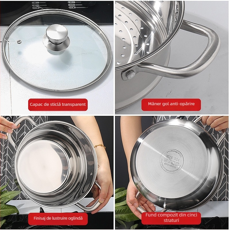 Oală de supă din oțel inoxidabil 304, pereți drepți, capac mare, înaltă pentru a preveni vărsarea, fund dublu, pentru uz casnic și comercial
