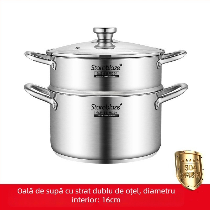 Oală de supă din oțel inoxidabil 304, pereți drepți, capac mare, înaltă pentru a preveni vărsarea, fund dublu, pentru uz casnic și comercial