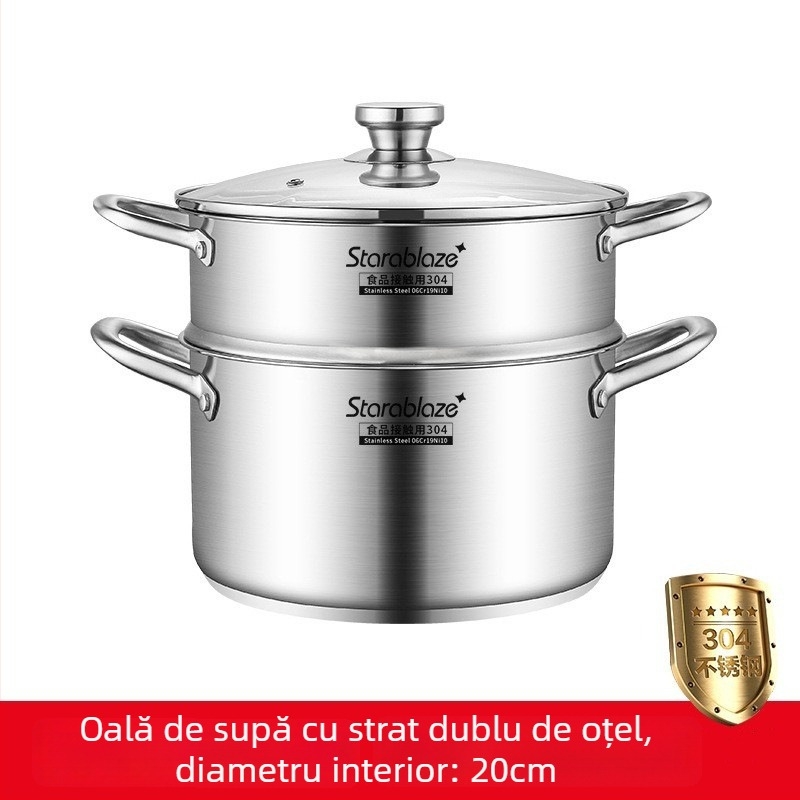 Oală de supă din oțel inoxidabil 304, pereți drepți, capac mare, înaltă pentru a preveni vărsarea, fund dublu, pentru uz casnic și comercial