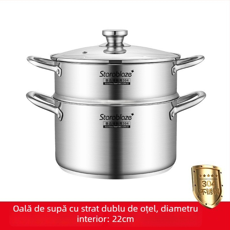 Oală de supă din oțel inoxidabil 304, pereți drepți, capac mare, înaltă pentru a preveni vărsarea, fund dublu, pentru uz casnic și comercial