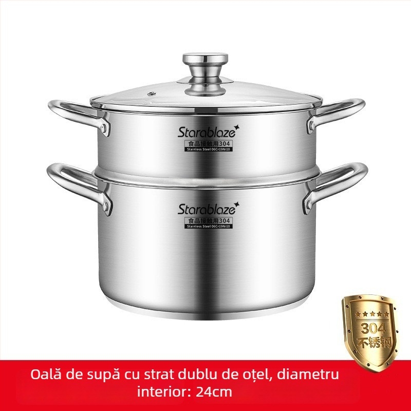 Oală de supă din oțel inoxidabil 304, pereți drepți, capac mare, înaltă pentru a preveni vărsarea, fund dublu, pentru uz casnic și comercial