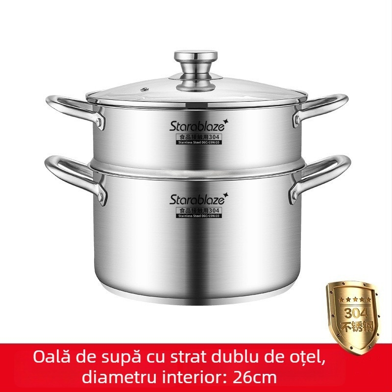 Oală de supă din oțel inoxidabil 304, pereți drepți, capac mare, înaltă pentru a preveni vărsarea, fund dublu, pentru uz casnic și comercial
