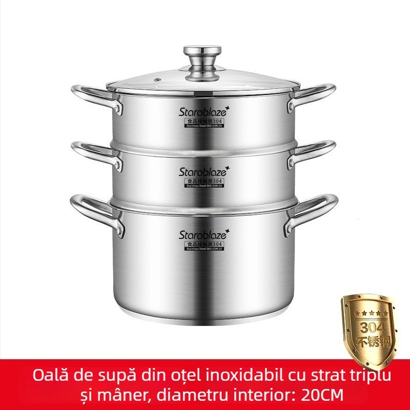 Oală de supă din oțel inoxidabil 304, pereți drepți, capac mare, înaltă pentru a preveni vărsarea, fund dublu, pentru uz casnic și comercial
