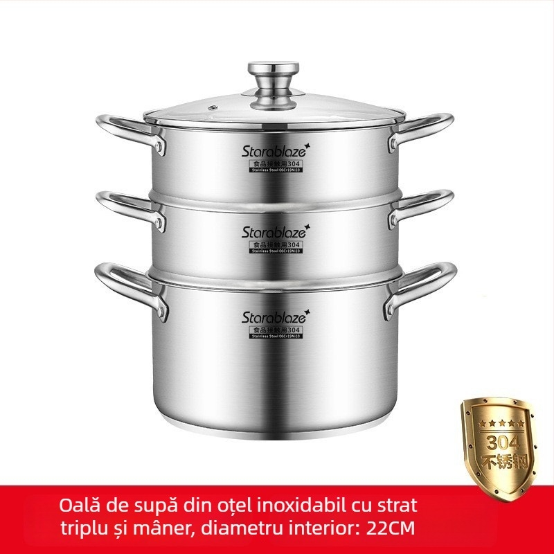 Oală de supă din oțel inoxidabil 304, pereți drepți, capac mare, înaltă pentru a preveni vărsarea, fund dublu, pentru uz casnic și comercial