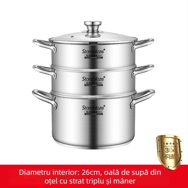Oală de supă din oțel inoxidabil 304, pereți drepți, capac mare, înaltă pentru a preveni vărsarea, fund dublu, pentru uz casnic și comercial
