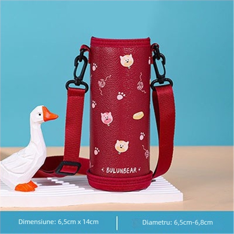 Husă pentru ceașcă din piele PU, curea crossbody, protecție anti-cădere, universală pentru elevi și adulți