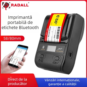 Imprimantă portabilă pentru etichete cu Bluetooth, imprimantă termică de 58 mm, imprimantă compactă pentru coduri de bare de 80 mm