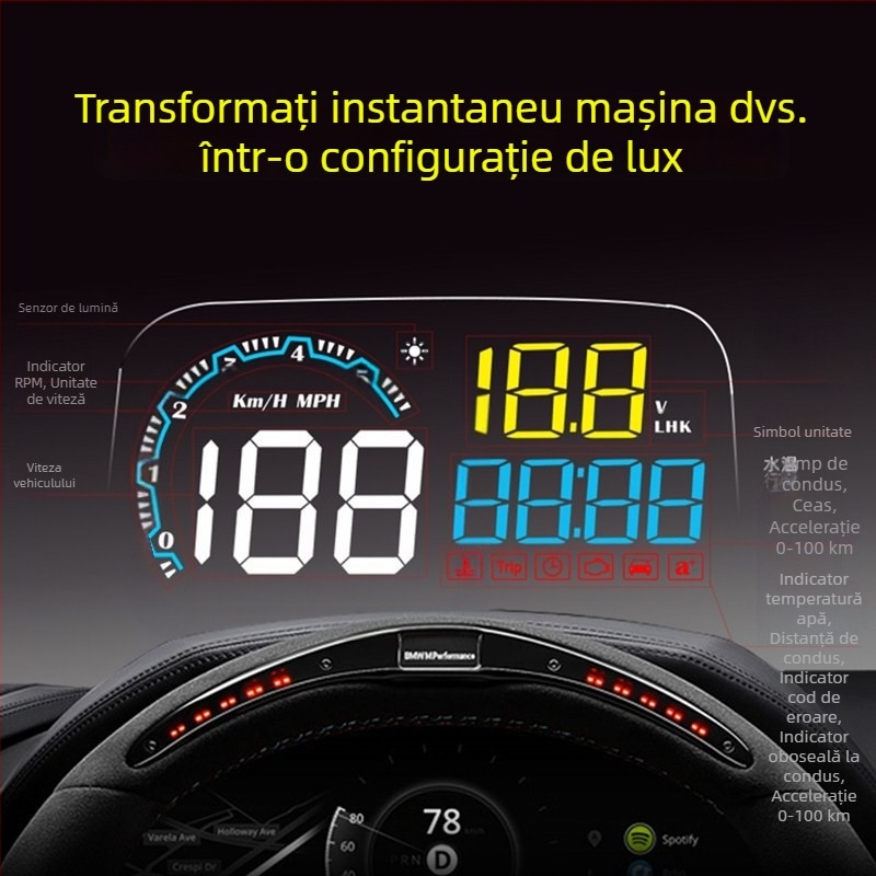 Display HUD pentru mașină, compatibil universal OBD, proiecție viteză, monitor LED HD pentru automobil, model C600s, dimensiune ecran 123x84 mm, rezoluție 1440x900