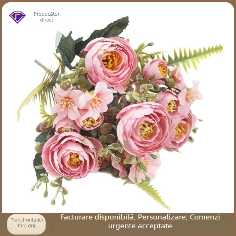 Flori artificiale de satin: muguri de trandafir ceai, buchete de trandafiri și mici bujori, aranjamente florale în stil european pentru decor de casă și recuzită fotografică.