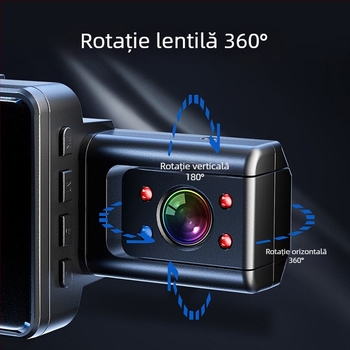 Dash cam cu trei lentile, unghi de vizualizare 170°, viziune nocturnă, monitorizare parcare interioară și exterioară, Wi-Fi, 1080p