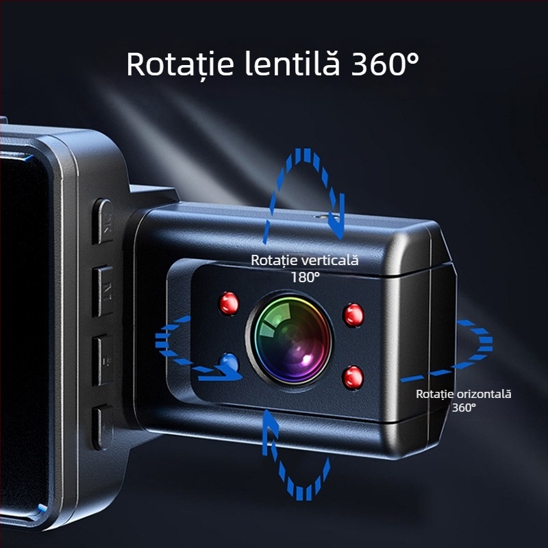 Dash cam cu trei lentile, unghi de vizualizare 170°, viziune nocturnă, monitorizare parcare interioară și exterioară, Wi-Fi, 1080p
