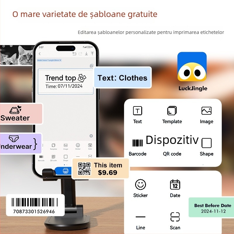 Imprimantă portabilă de etichete Bluetooth, imprimare termică pentru etichete autoadezive impermeabile