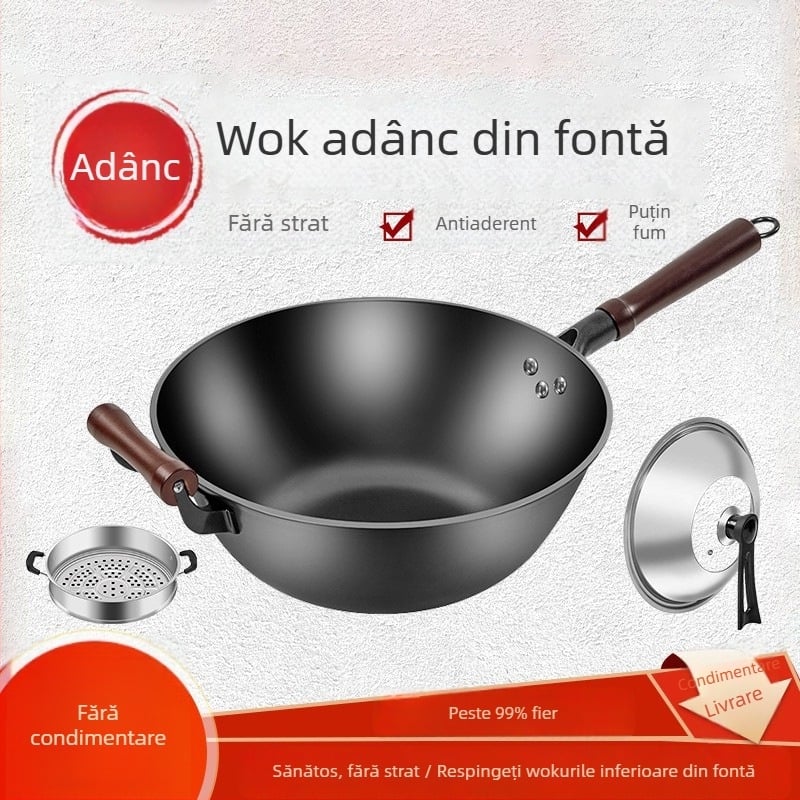 Wok din fier cu bază plată, adâncit și îngroșat, wok mare pentru uz casnic, potrivit pentru plitele cu gaz și plitele cu inducție.