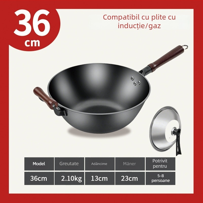 Wok din fier cu bază plată, adâncit și îngroșat, wok mare pentru uz casnic, potrivit pentru plitele cu gaz și plitele cu inducție.