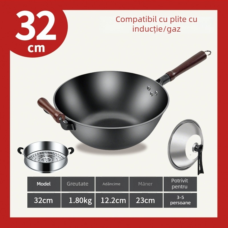 Wok din fier cu bază plată, adâncit și îngroșat, wok mare pentru uz casnic, potrivit pentru plitele cu gaz și plitele cu inducție.