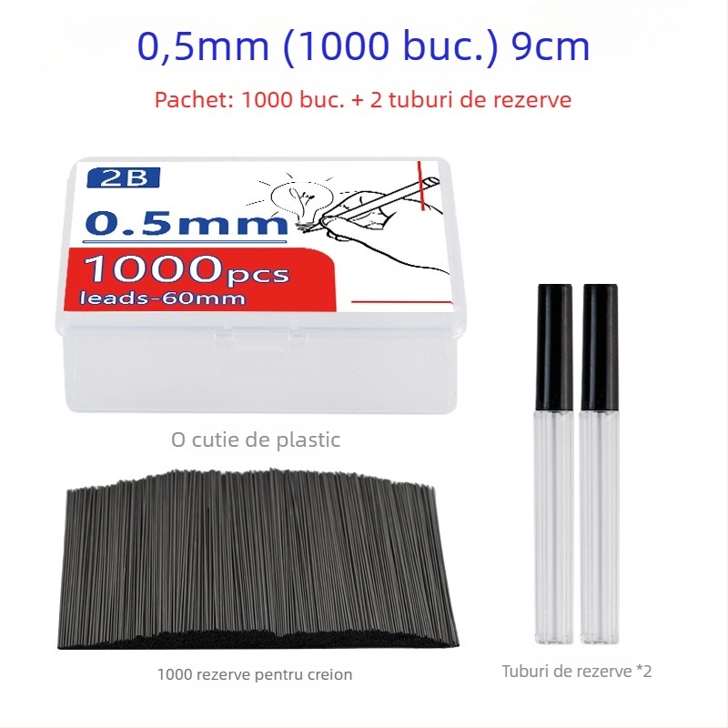 Refil grafit pentru creion mecanic 0,5–0,7 mm, 2B, miez din rășină, capacitate mare
