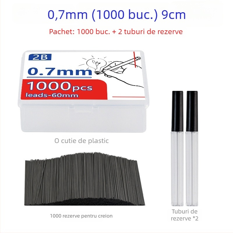 Refil grafit pentru creion mecanic 0,5–0,7 mm, 2B, miez din rășină, capacitate mare